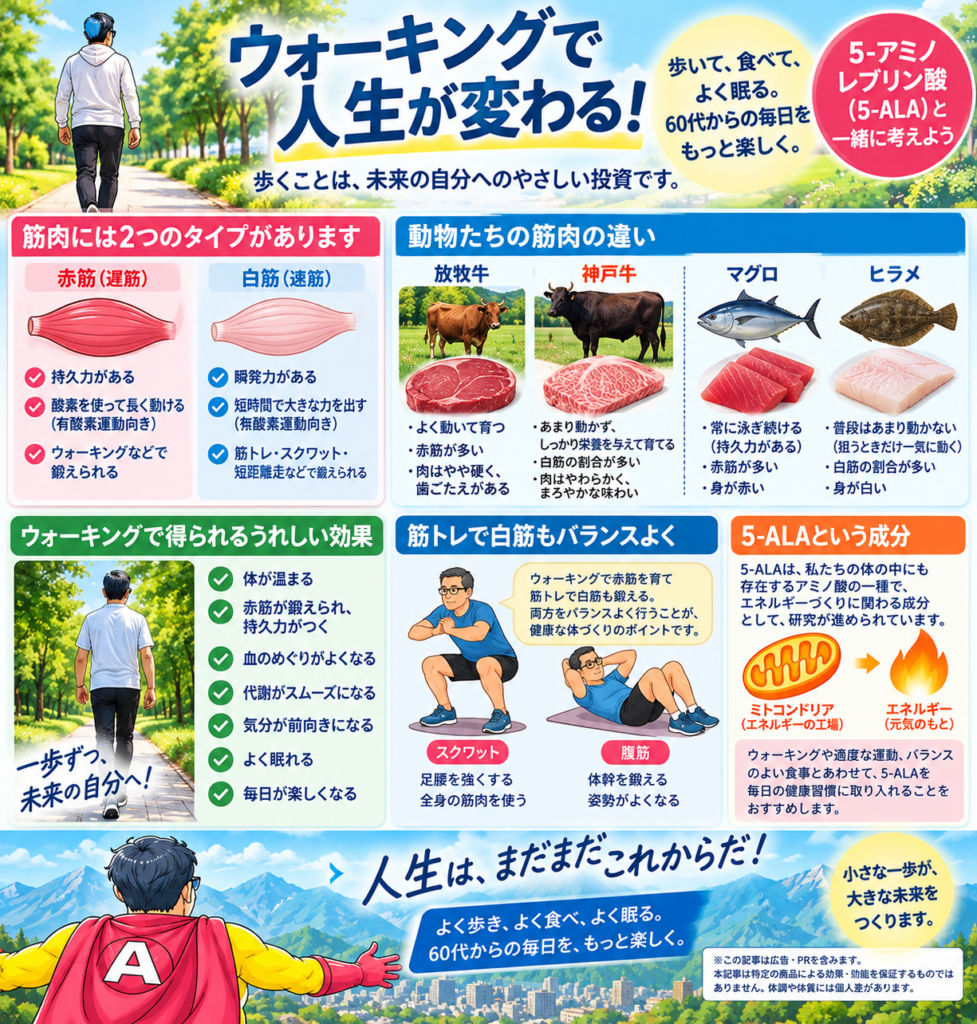 アラカンマンのウォーキングと5-ALAをテーマにした60代からの健康習慣